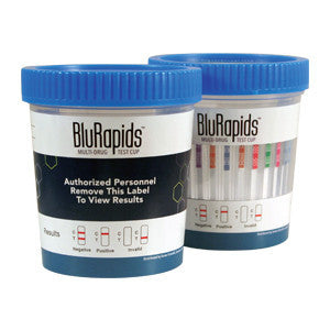 BluRapids® 13-Panel Drug Test Cup, AMP/BAR/BUP/BZO/COC/MET/MDMA/MTD/OPI300/OXY/PCP/TCA/THC (25/Box) - Drugs of Abuse Tests